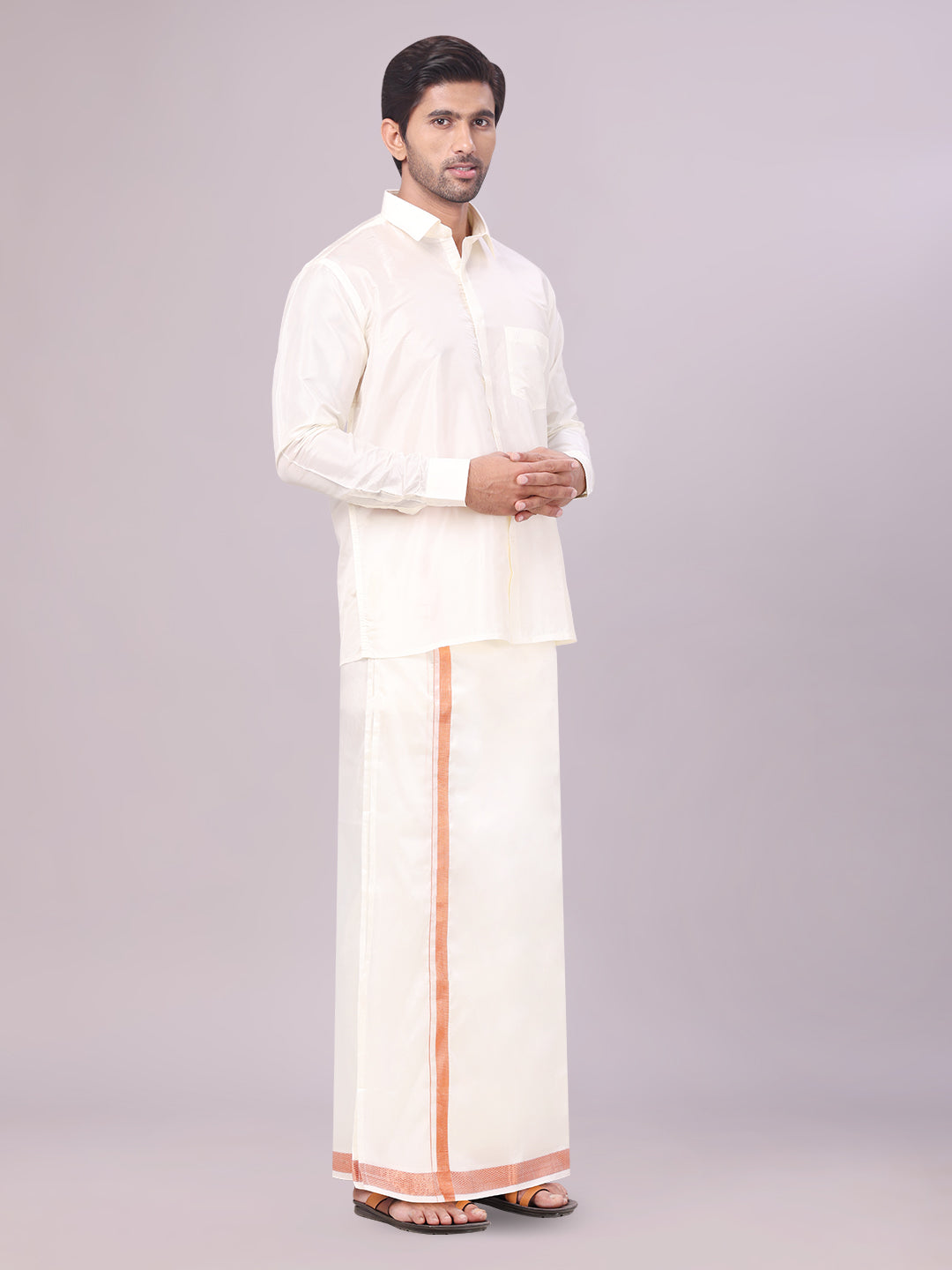 Men's Art Silk Cream Full Sleeves Shirt with Copper Jari Border Dhoti Combo Finesse side pose