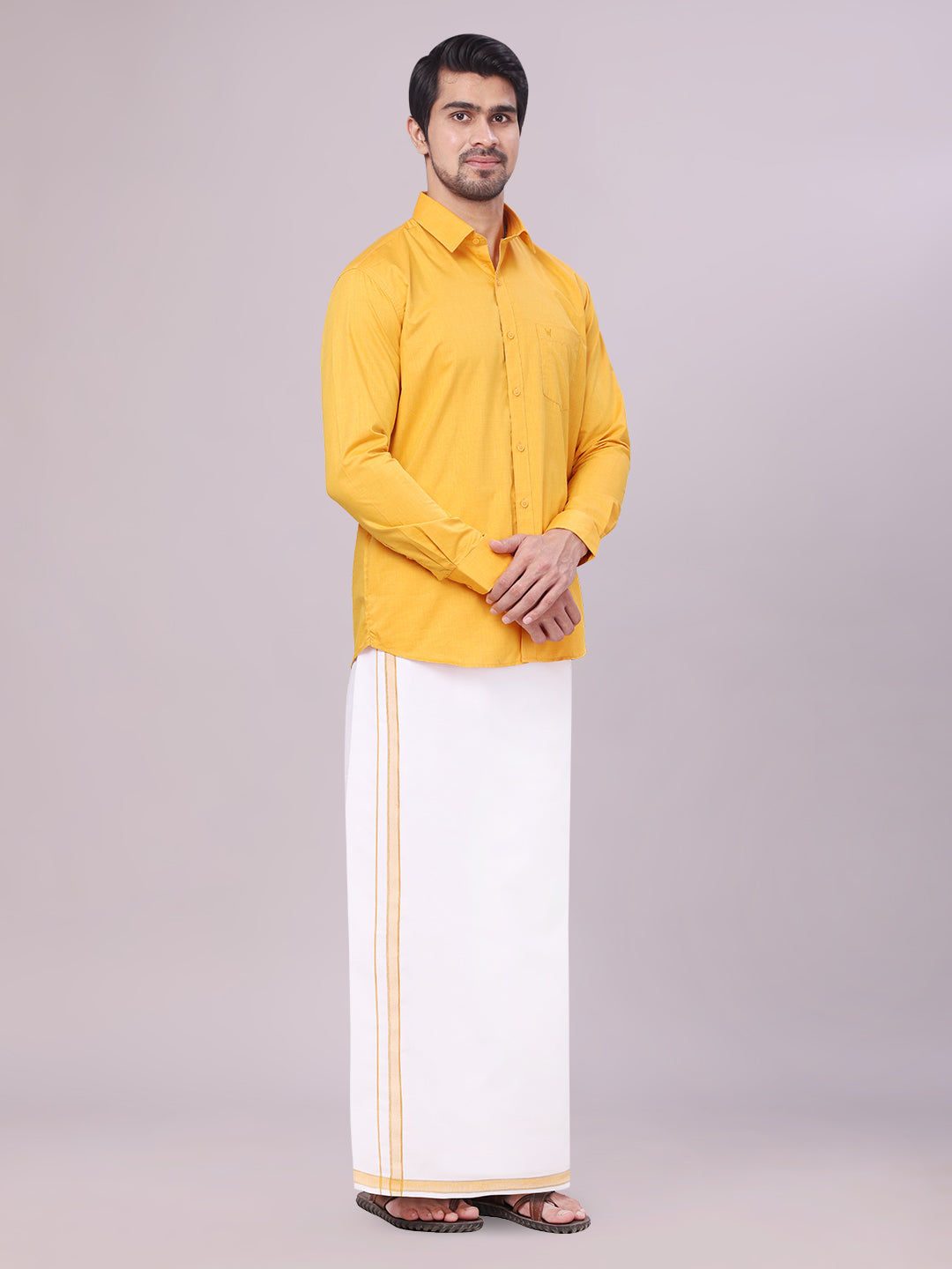 Mens Yellow Shirt with Matching Border Dhoti Combo Pinto