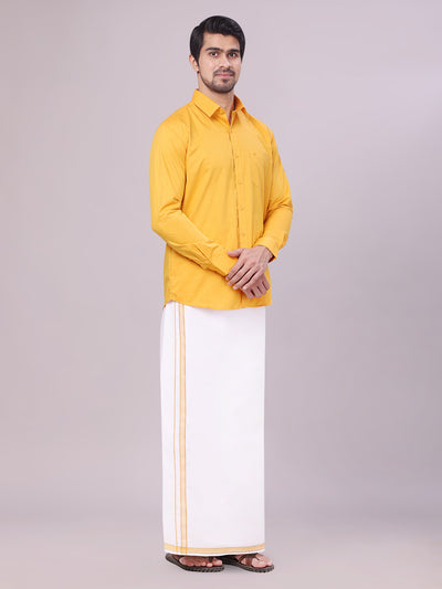 Men's Yellow Shirt with Matching Border Dhoti Combo Pinto side pose