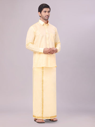 Men's Art Silk Light Gold Full Sleeves Shirt with Gold Jari Border Dhoti Combo Finesse side pose