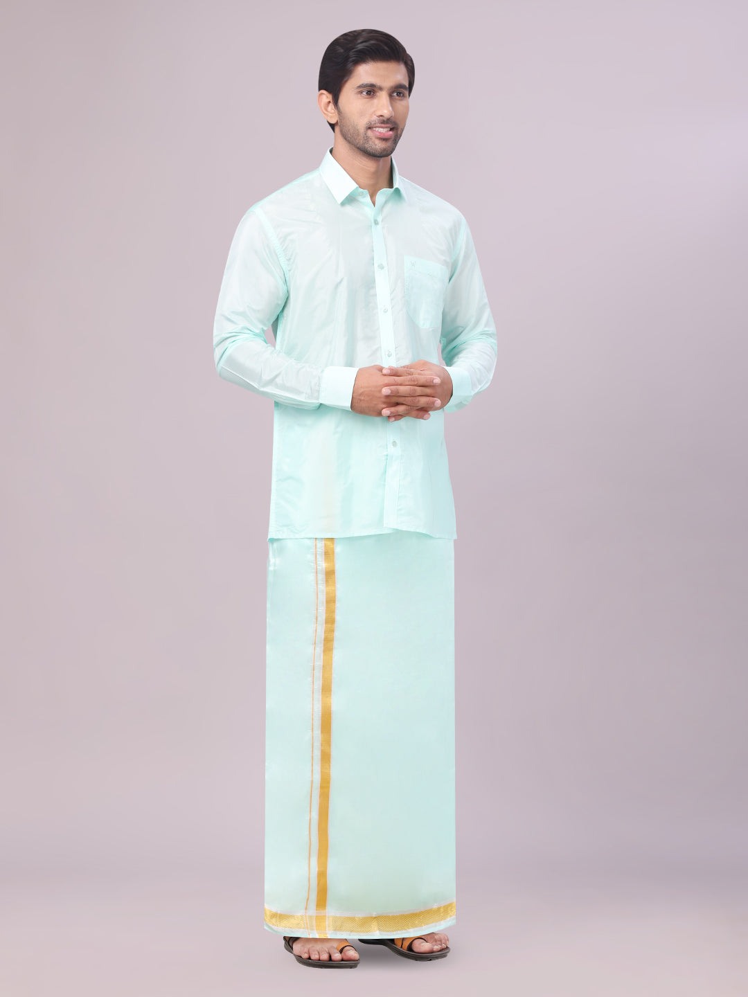 Mens Art Silk Mint Leaf Full Sleeves Shirt with Gold Jari Border Flexi Dhoti Combo Finesse