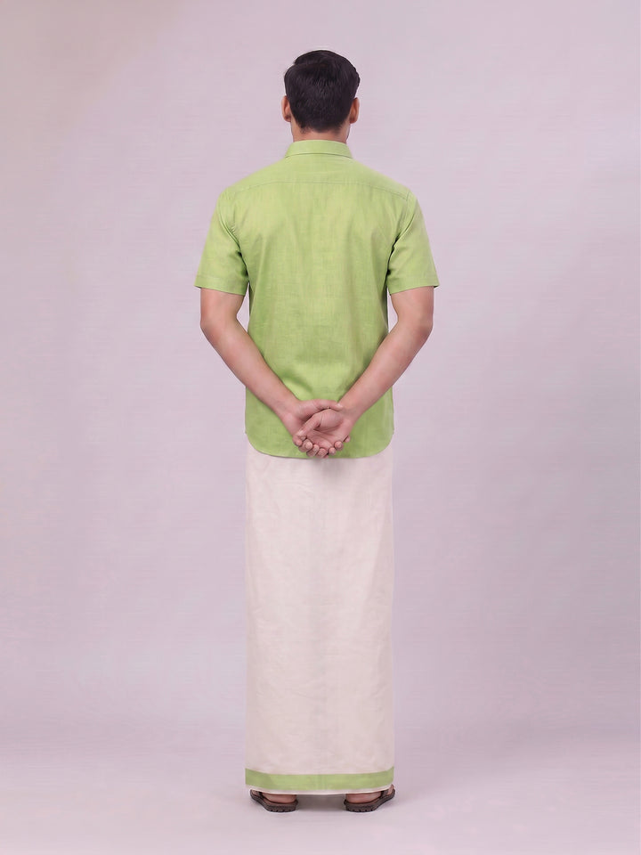 Mens Cotton Light Green Shirt with Tissue Matching Border Dhoti Wedding Combo Kandala