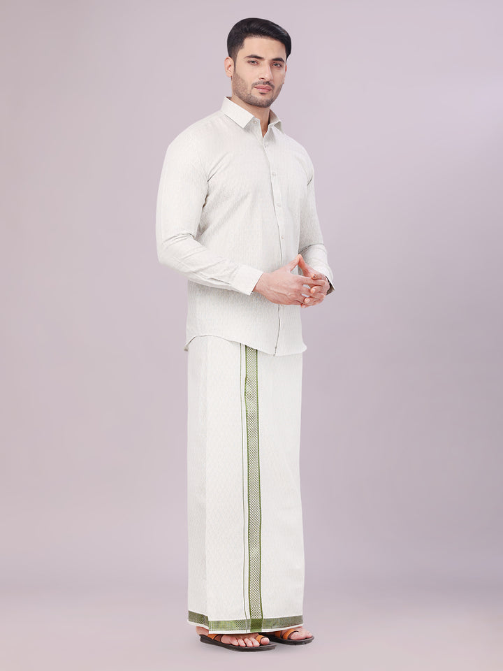 Mens Olive Green Colour Jacquard Shirt with Matching Flexi Dhoti Combo Zeebra