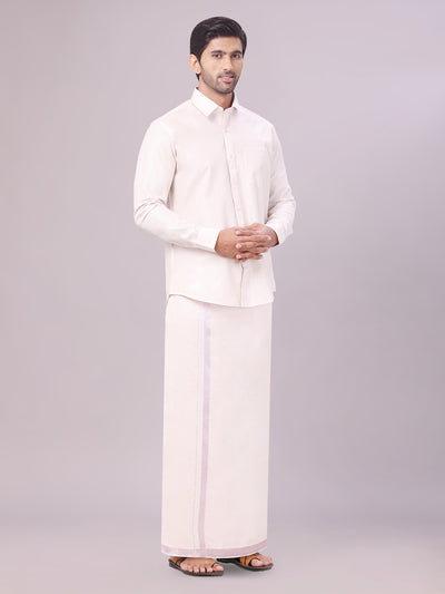 Light Rose Colour Tissue Shirt with Jari Dhoti Combo for men side pose