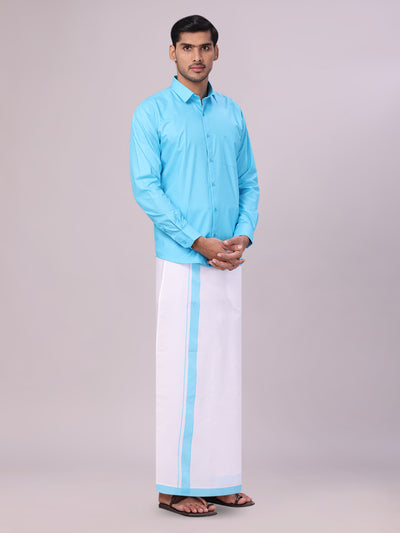 Men's Sky Blue Color Shirt with Matching Border Dhoti Combo Casper side pose