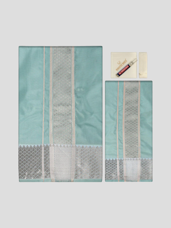 Men's Plain Art Silk Sea Green Full Sleeves Shirt with 3"Jacquard Silver Jari Border Flexi Dhoti Combo Mangal