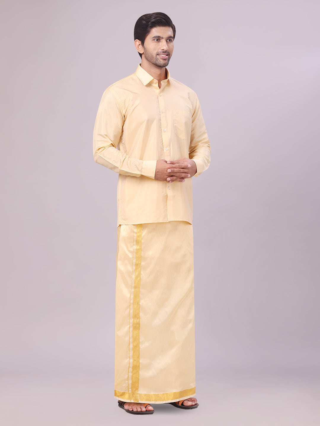 Men's Art Silk Medium Gold Full Sleeves Shirt with Gold Jari Border Dhoti Combo Finesse side pose