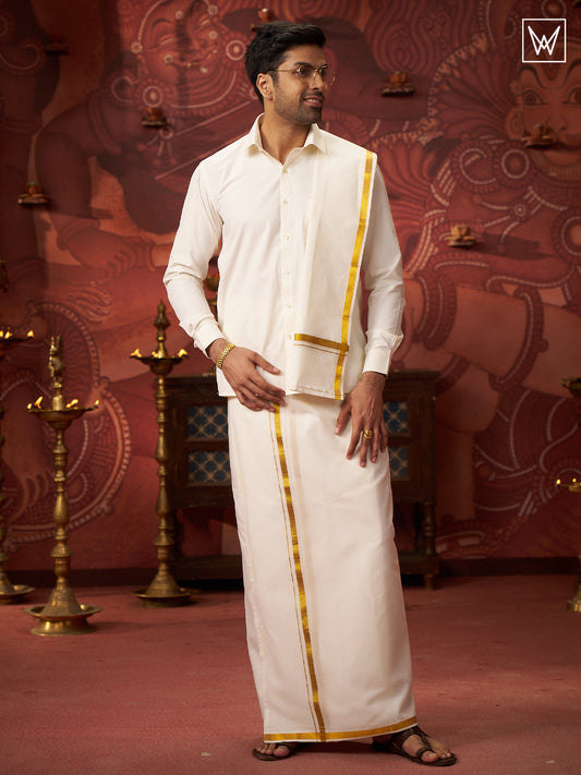 Mens Pure Cotton Cream Wedding Shirt Dhoti Towel Belt Combo - Vaibhav Cream by Minister White