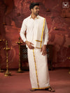 Mens Pure Cotton Cream Wedding Shirt Gold Jari Dhoti Towel Belt Combo - Vaibhav Cream