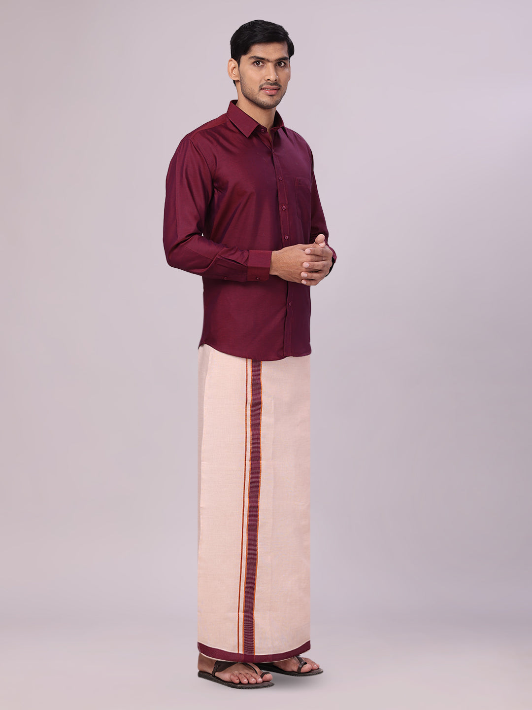 Men's Cotton Maroon Shirt with Tissue Matching Border Flexi Dhoti Wedding Combo Kandala