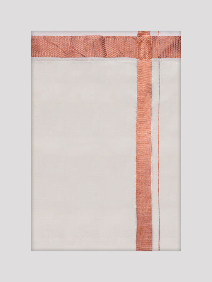 Men's Art Silk Cream Full Sleeves Shirt with Copper Jari Border Dhoti Combo Finesse