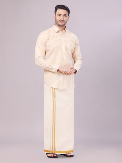 Mens Tissue Stripes Gold Shirt with Plain Jari Border Dhoti Wedding Combo Carter