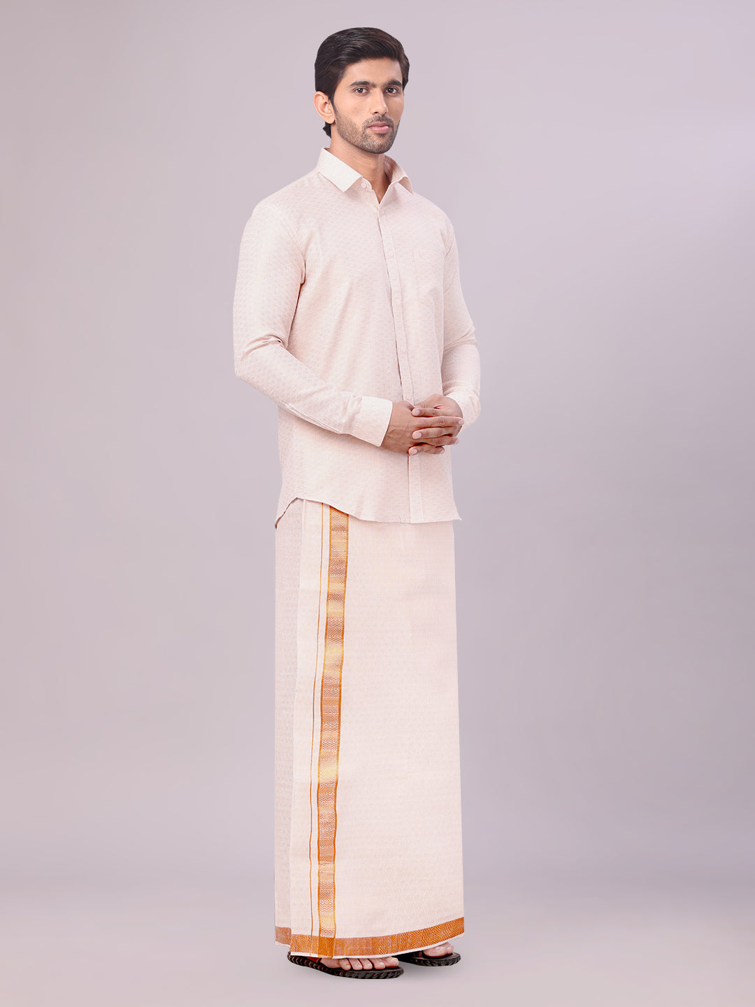 Men's Copper Tissue Jacquard Shirt with Matching Dhoti Combo Zeus side pose