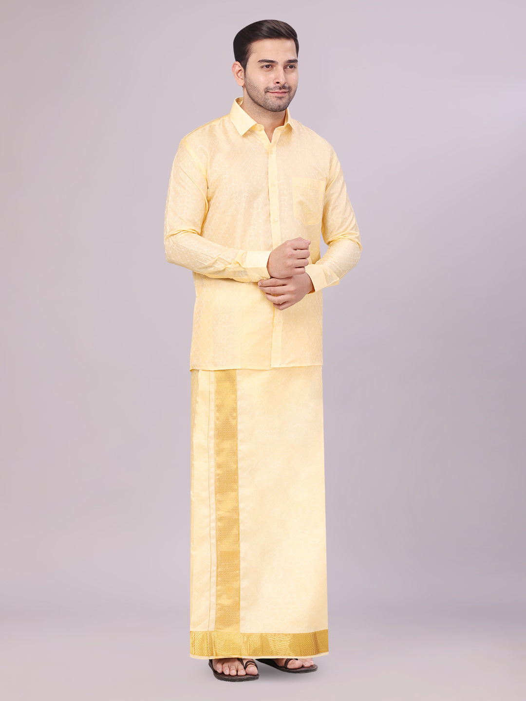 Men's Art Silk Light Gold Full Sleeves Shirt with 3" Gold Jari Border Dhoti Combo Neogen side pose