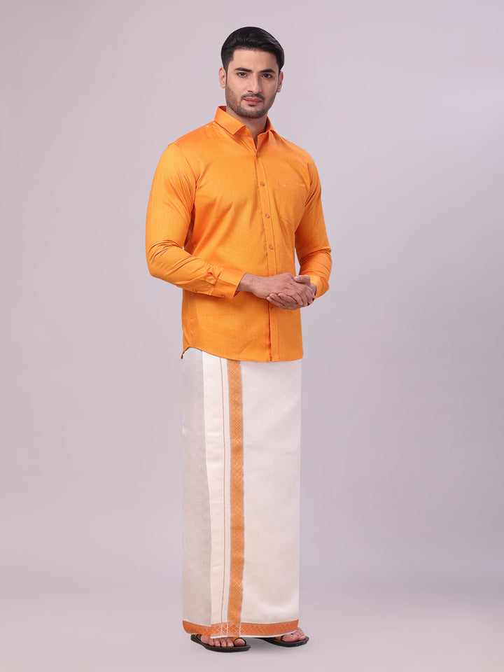 Men's Cotton Orange Shirt and Airtex Matching Border Dhoti Combo Nector side pose