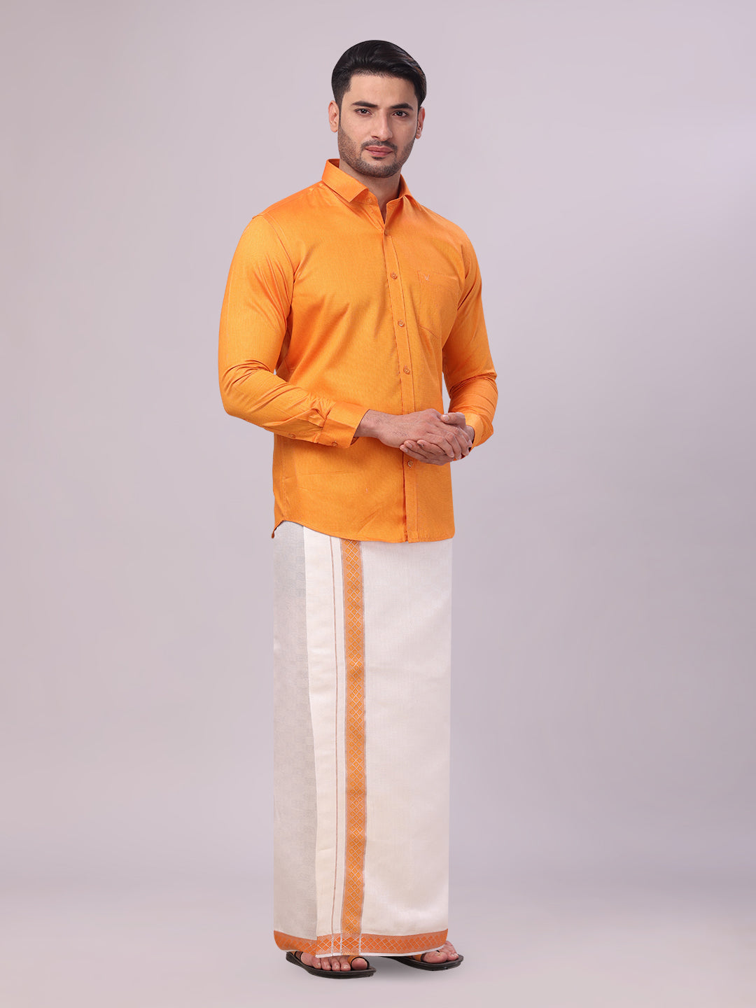 Men's Cotton Orange Shirt and Airtex Matching Border Dhoti Combo Nector side pose