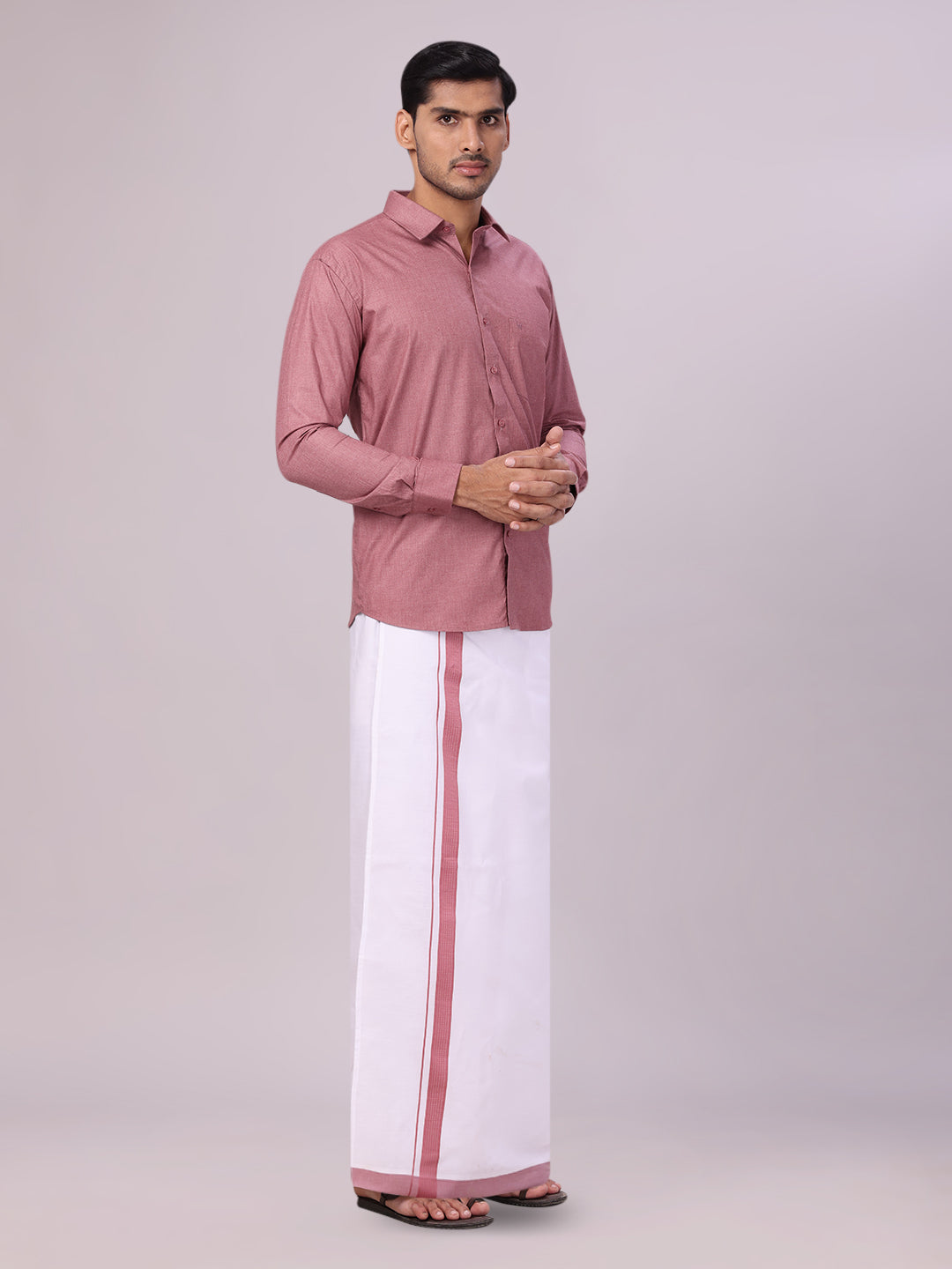 Men's Light Maroon Shirt with Matching Border Flexi Dhoti Combo Casper Flexi