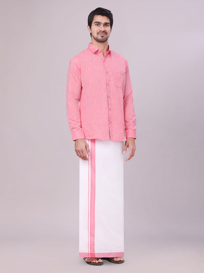 Men's Pink Color Cotton Shirt with Matching Border Dhoti Combo side pose