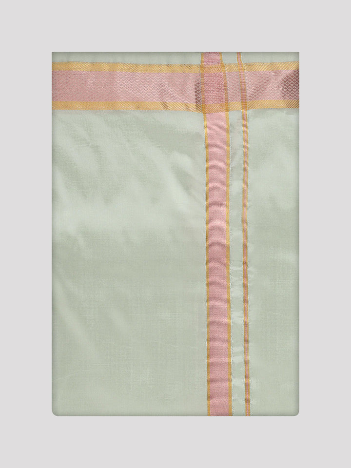 Mens Art Silk Pista Green Full Sleeves Shirt with Gold Jari Border Dhoti Combo Finesse