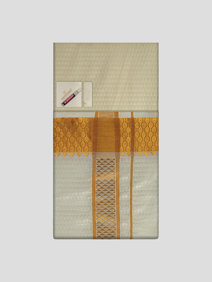 Men's Premium Art Silk Cream Shirt Bit with 2 1/2" Gold Jari Border Dhoti Combo Sieger