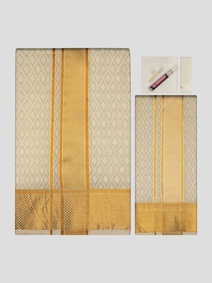 Mens Art Silk Cream Full Sleeves Shirt with 2 1/2"  Gold Jari Border & Towel Dhoti Combo Spruce