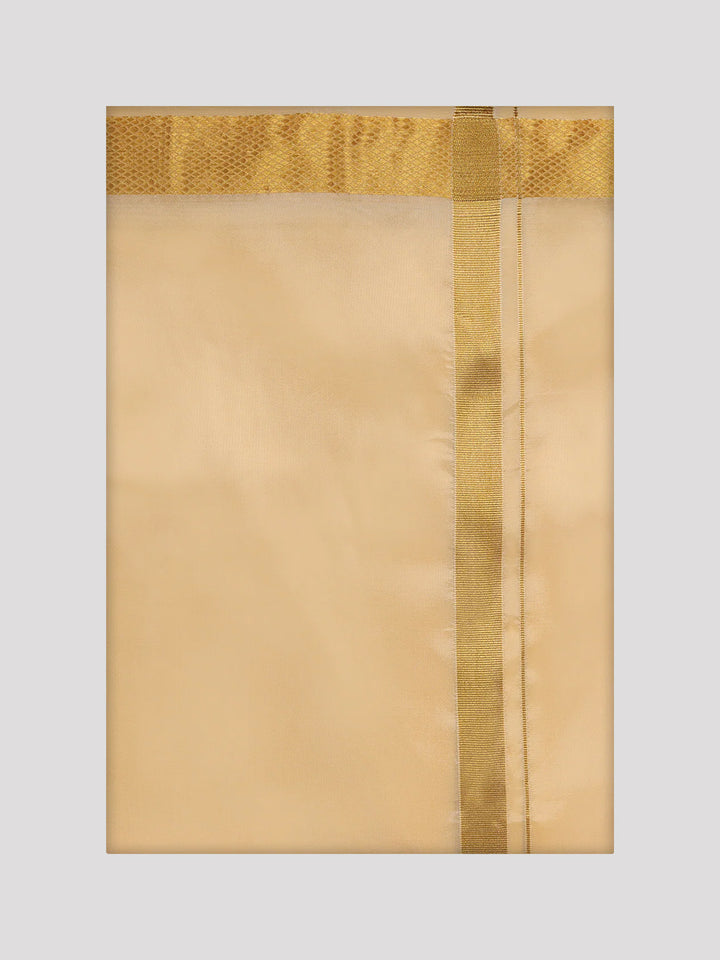 Mens Art Silk Light Gold Full Sleeves Shirt with Gold Jari Border Dhoti Combo Finesse