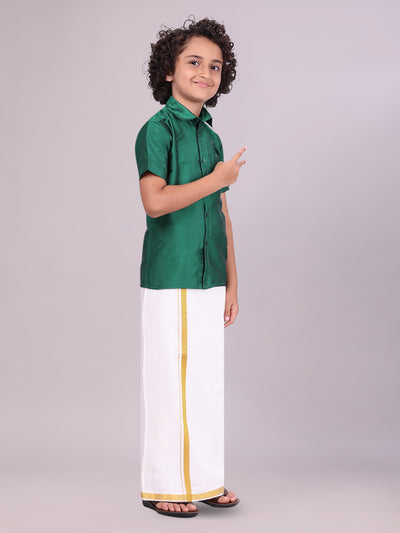 Boys Art Silk Green Half Sleeves Shirt with Gold Jari Flexi Dhoti Towel Combo side pose