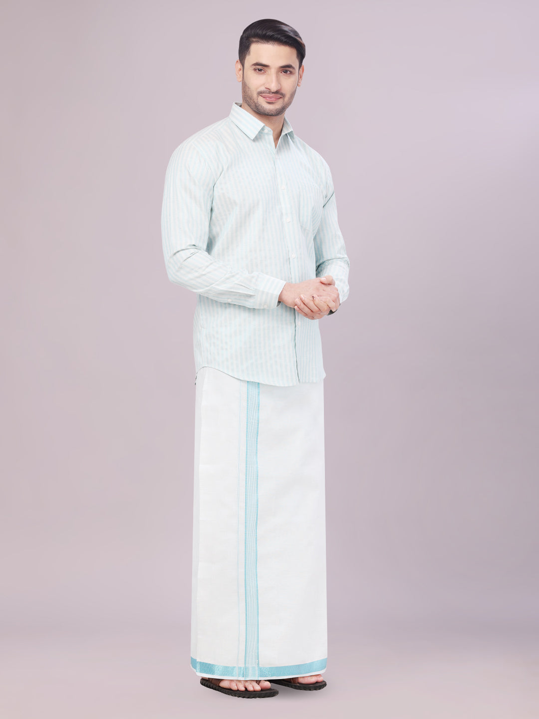 Men's Tissue Stripes Mint Blue Shirt with Plain Jari Border Dhoti Wedding Combo Carter