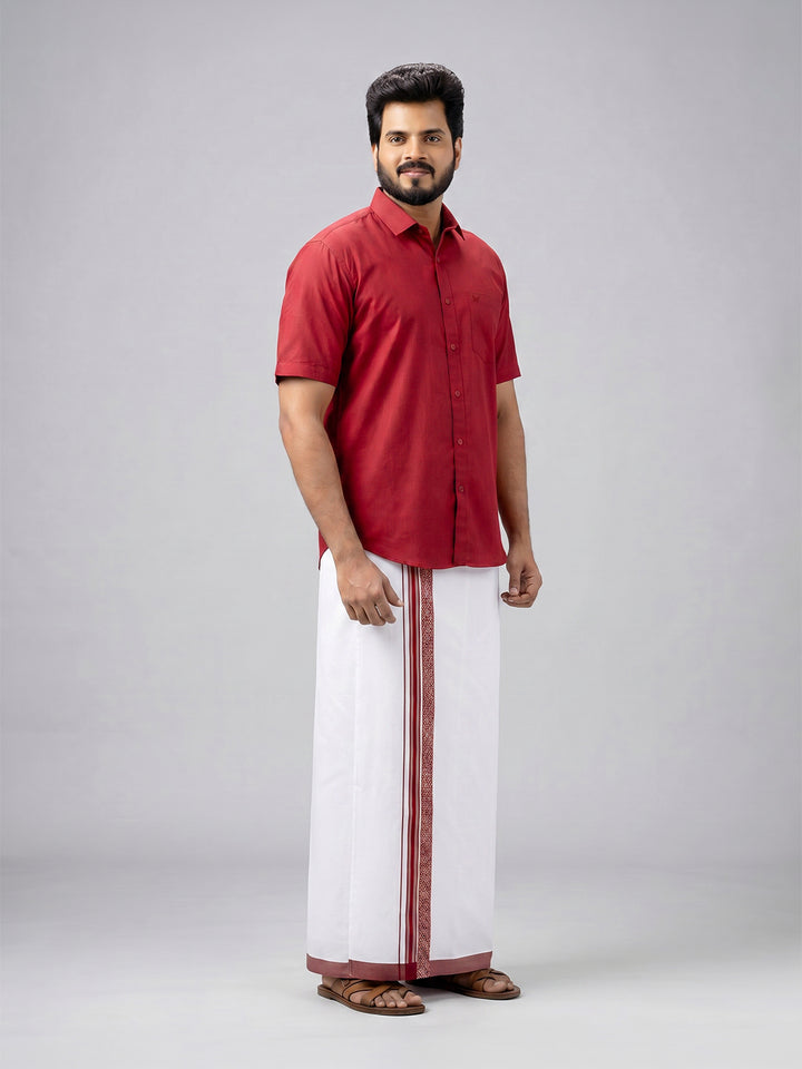 Men's Cotton Maroon Matching Shirt with Fancy Printed Border Dhoti Combo Luster Trend