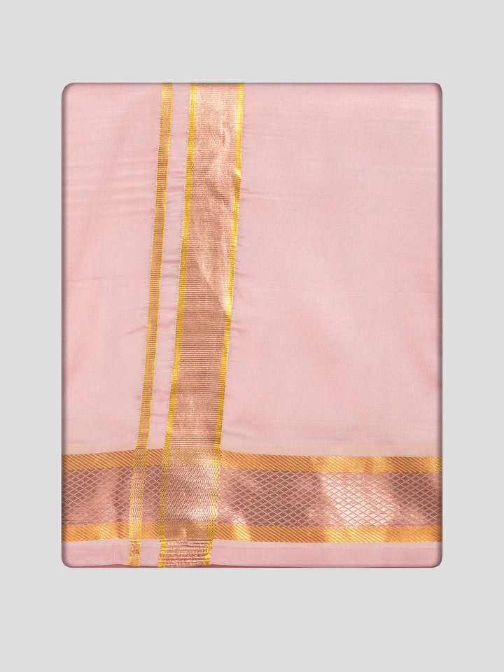 Men's Premium Art Silk Pink Shirt Bit with Gold Jari Border Dhoti Towel Combo Wedding Wonders