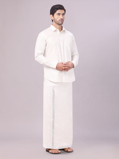 Men's Silver Color Tissue Shirt with Jari Dhoti Combo side pose