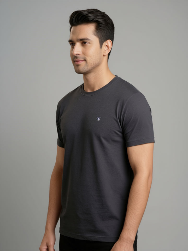 Men's Dark Grey Regular Fit Round Neck T-Shirt Crisper