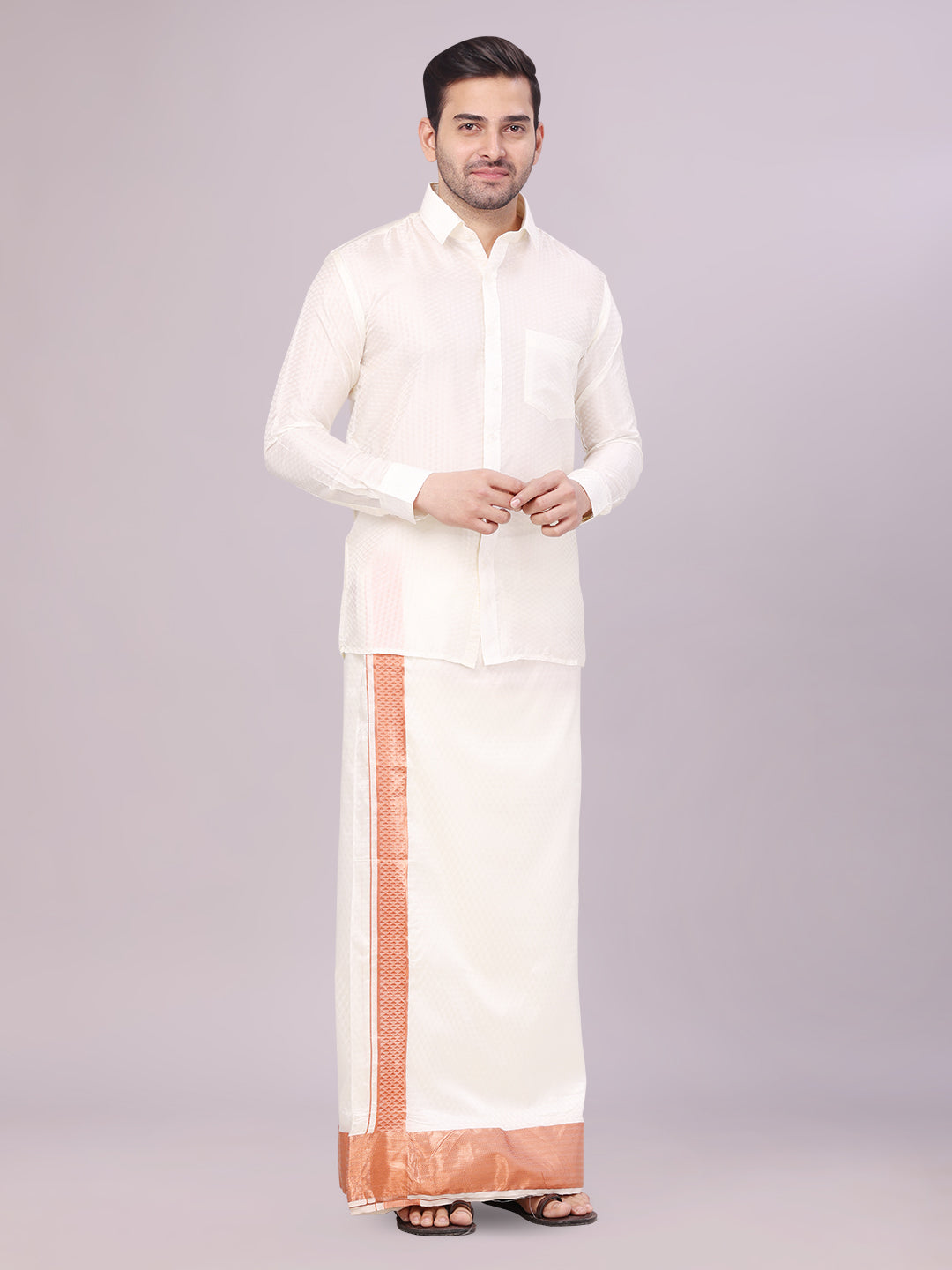 Men's Art Silk Cream Full Sleeves Shirt with 4" Copper Jari Border Dhoti Combo Neogen side pose