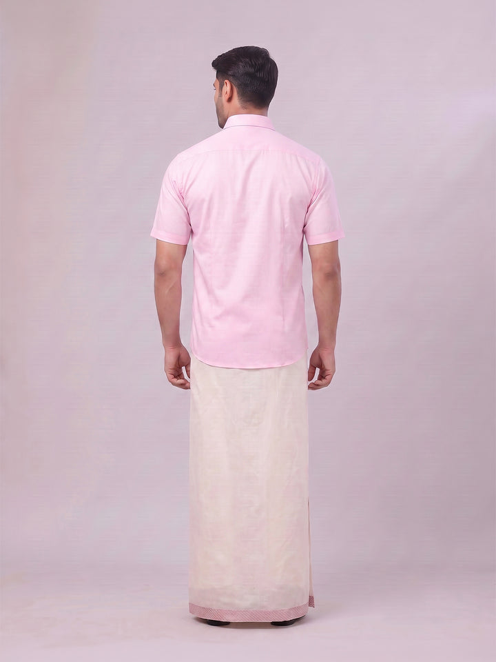 Men's Cotton Light Rose Shirt and Airtex Matching Border Dhoti Combo Nector