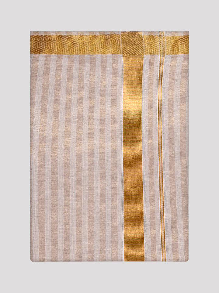Men's Tissue Stripes Gold Shirt & Jari Border Dhoti Wedding Combo Finely
