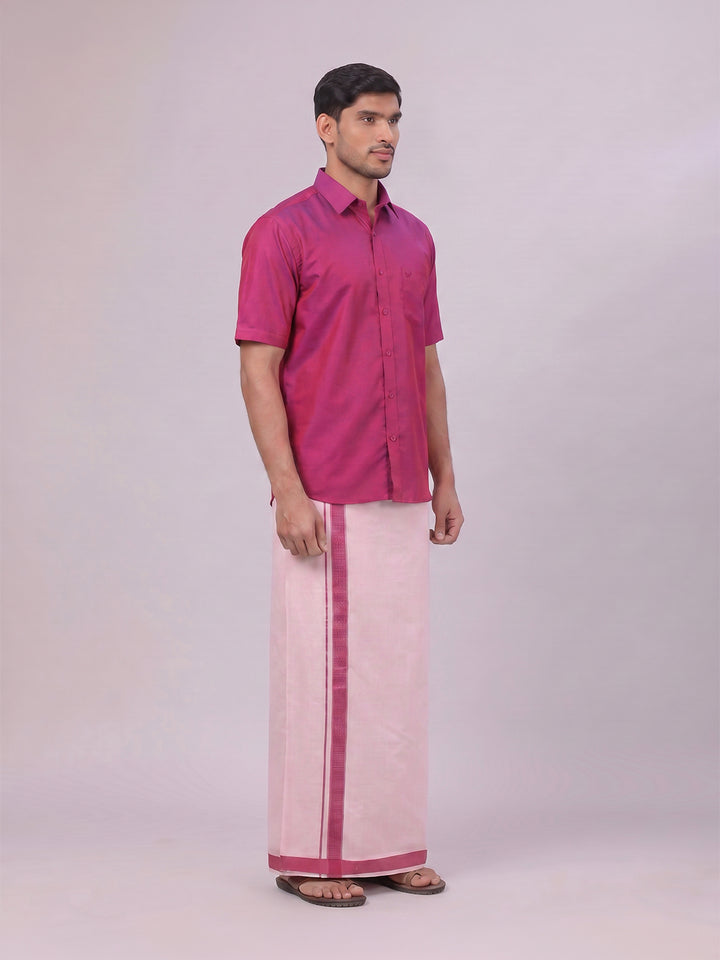 Mens Cotton Magenta Shirt with Tissue Matching Border Dhoti Wedding Combo Kandala