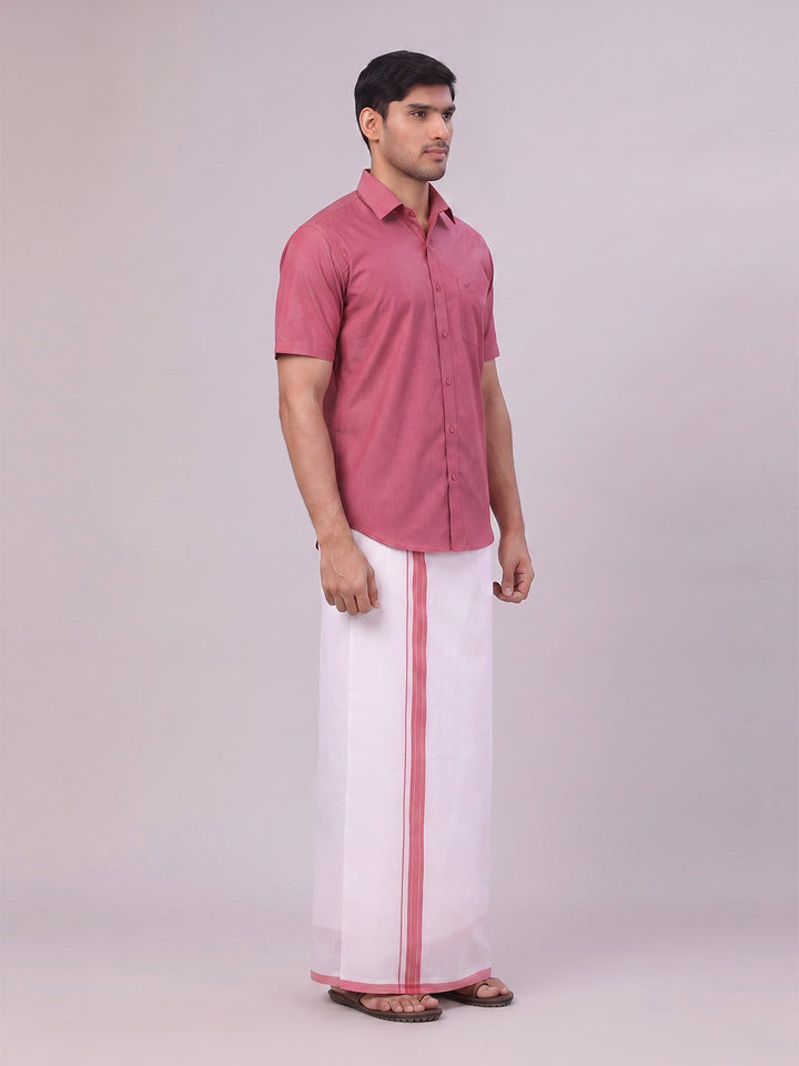 Mens Pink Color Shirt with Matching Border Dhoti Combo Casper