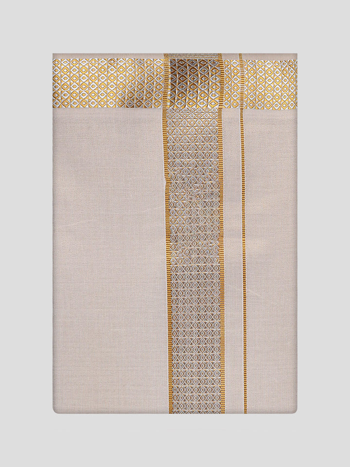 Men's Gold Tissue Shirt and Dhoti Set with Intricate Jacquard Border Plum