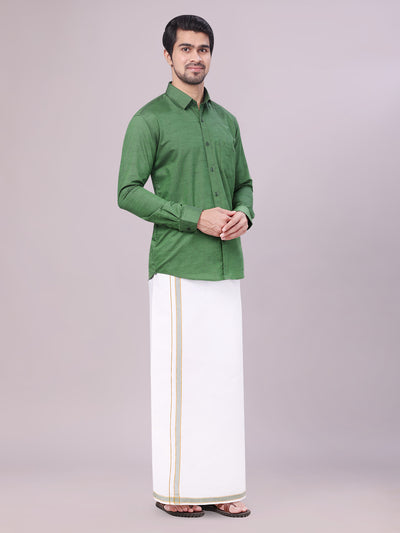 Men's Dark Green Shirt with Matching Border Dhoti Combo Pinto side pose