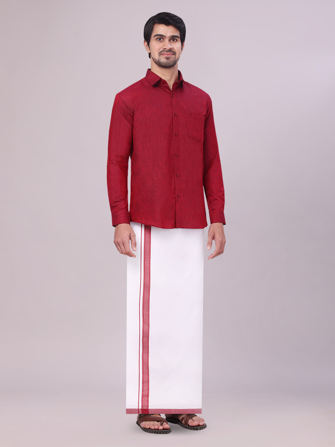 Men's Maroon Color Cotton Shirt with Matching Border Dhoti Combo