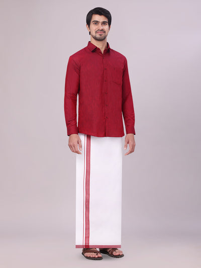 Men's Maroon Color Cotton Shirt with Matching Border Dhoti Combo