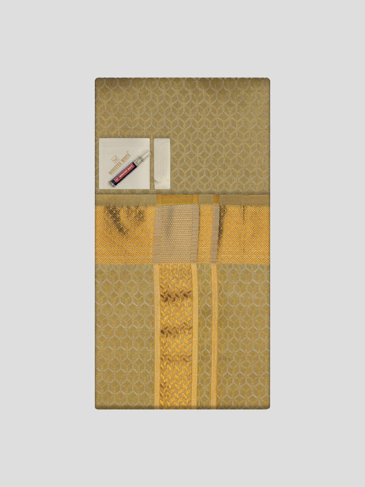 Men's Premium Art Silk Mango Shirt Bit with 2 1/2" Gold Jari Border Dhoti Towel Combo Sweden