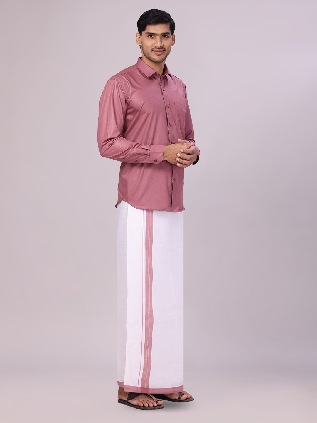 Men's Cotton Dark Pink Matching Shirt and Dhoti Combo Luster side pose