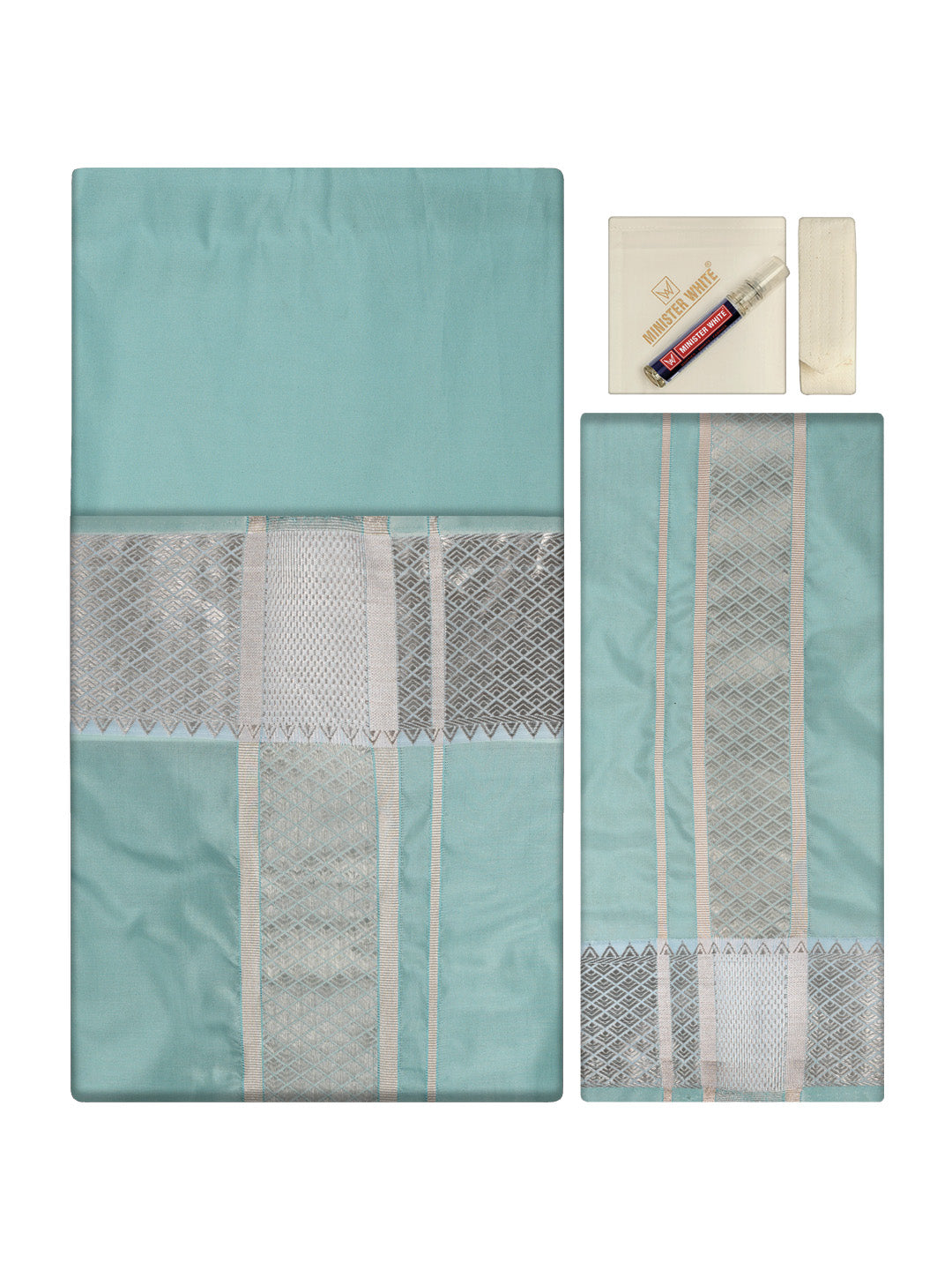 Men's Premium Art Silk Sea Green Shirt Bit with 3 1/2" Gold Jari Border Dhoti Towel Combo Tilak
