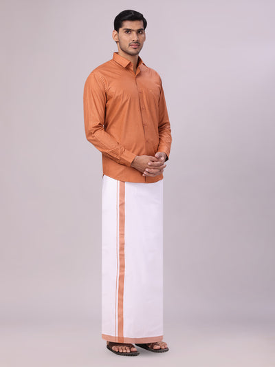 Men's Cotton Brown Shirt with Matching Border Flexi Dhoti Combo Casper Flexi