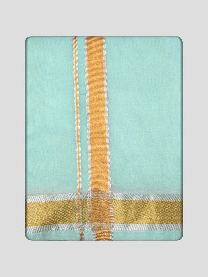 Men's Premium Art Silk Mint Leaf Green Shirt Bit with Gold Jari Border Dhoti Towel Combo Wedding Wonders