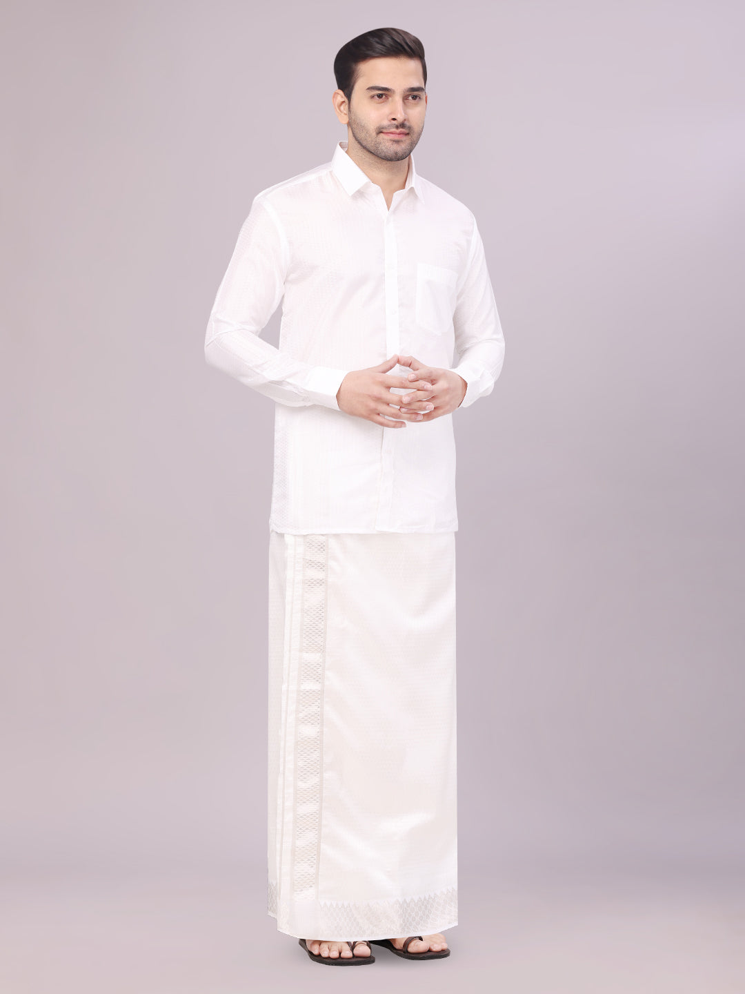 Men's Art Silk Half White Full Sleeves Shirt with 2 1/2" Silver Jari Border Dhoti Combo Neogen side pose