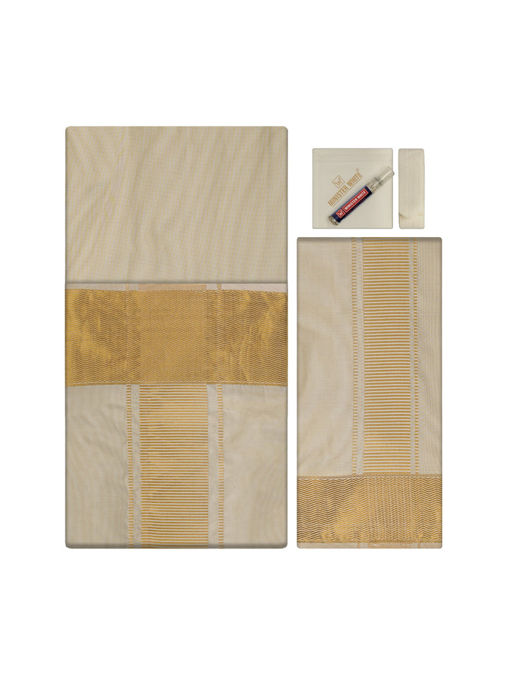 Men's Art Silk Medium Gold Jacquard Full Sleeves Shirt with 4" Gold Jari Border & Towel Dhoti Combo Mangal