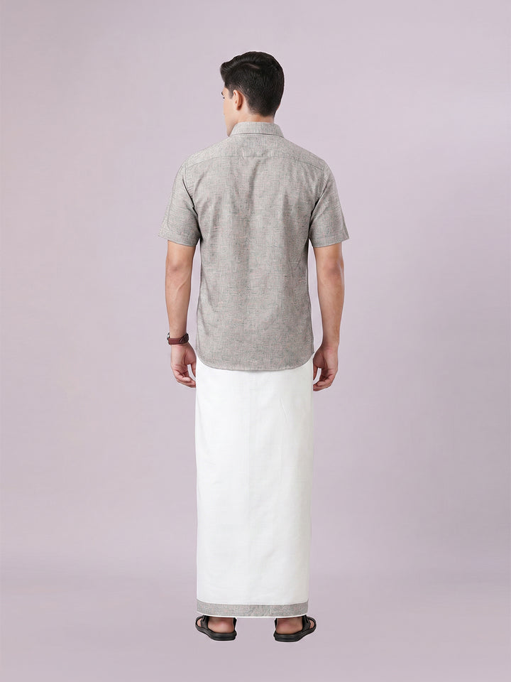 Men's Light Grey Color Digital Printed Shirt with Matching Printed Border Dhoti Combo Varnam