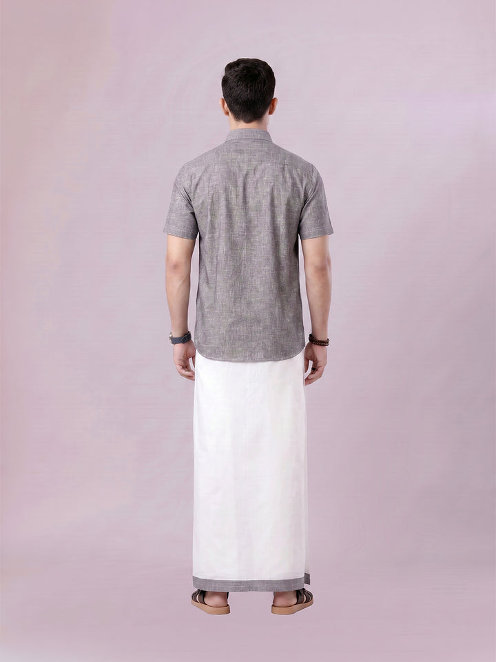 Men's Grey Color Digital Printed Shirt with Matching Printed Border Dhoti Combo Varnam